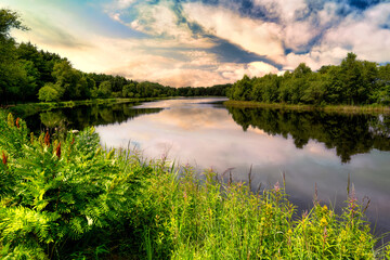 Fototapeta premium Idyll on the Ottermeer lake in Wiesmoor, east frisia, Germany - Ottermeerstrand in Wiesmoor