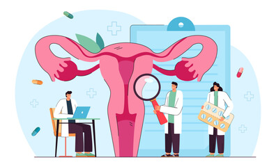 Cartoon medical professionals examining uterus. Vaginal endometriosis treatment flat vector illustration. Gynecology, infertility, health concept for banner, website design or landing web page