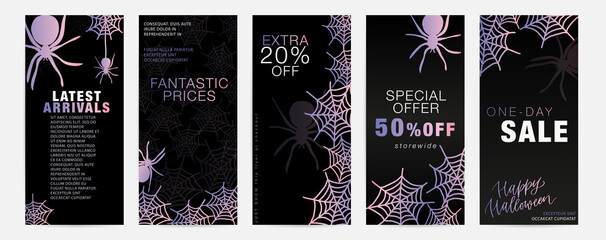 Halloween sale flyer template set with spiders and cob web in dark colours.