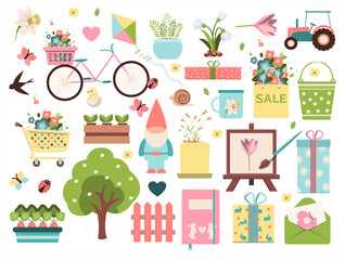 Fototapeta premium Big spring set. Vector garden tools, flowers. Flat design. Cute icons for a website, app or ad. Birds, plants, insects, and Easter items.