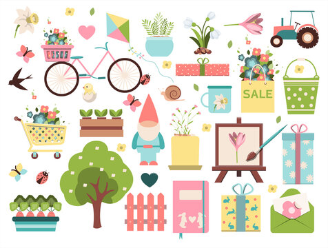 Big spring set. Vector garden tools, flowers. Flat design. Cute icons for a website, app or ad. Birds, plants, insects, and Easter items.