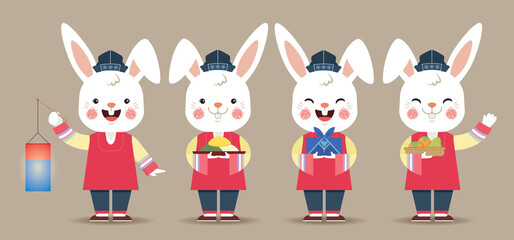 Set of cute cartoon rabbit wearing Korea hanbok with lantern, songpyeon, gift & persimmons. Chuseok or Korea Thanksgiving Day character design. Flat vector illustration. 
