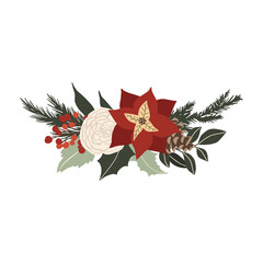 Christmas winter floral bouquet with poinsettia and white rose, spruce branches, pine cone and green leaves. Vector illustration in hand drawn cartoon flat style