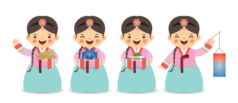 Set of cute cartoon Korean girl wearing hanbok with persimmons, gift, songpyeon & lantern isolated on white background. Chuseok or Korea Thanksgiving Day character design. Flat vector illustration. 