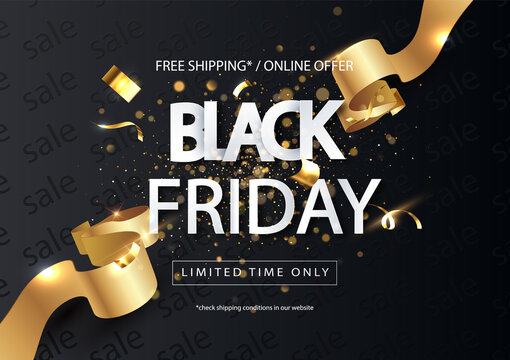 Black Friday Sale horizontal banner with gold ribbon. Universal vector sale background for poster, banners, flyers, card.