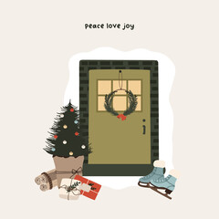 Christmas cozy house door interior with gift boxes, skates and Christmas tree. Winter holiday new year season card. Vector illustration in hand drawn cartoon flat style