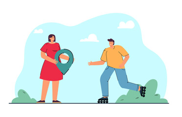 Cartoon man roller skating towards woman with location pin. Couple meeting at destination flat vector illustration. Transportation, communication concept for banner, website design or landing web page