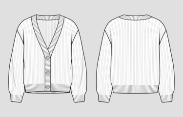 Knit cardigan. Women's v-neck button placket jumper. Vector technical sketch. Mockup template. - obrazy, fototapety, plakaty