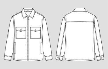 Shirt jacket. Zip down the front. Relaxed Fit. Vector illustration. Flat technical drawing. Mockup template.	