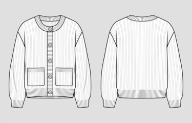 Knit cardigan. Round neck button placket jumper. Vector technical sketch. Mockup template.