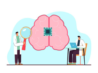 Cartoon doctor with magnifier studying brain with microchip. Medical professional holding magnifying glass flat vector illustration. Nanotechnology, science concept for banner or landing web page