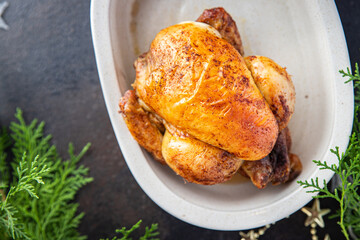 christmas chicken or turkey new year table treat family dinner chicken coquelet fresh portion ready to eat meal snack on the table copy space food background rustic. top view