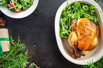 christmas chicken or turkey new year table treat family dinner chicken coquelet fresh portion ready to eat meal snack on the table copy space food background rustic. top view