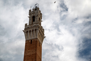 Fototapeta na wymiar Siena, Tuscany, Italy. August 2020. Detail of the Torre del Mangia.