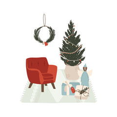 Christmas cozy armchair with gift boxes and Christmas tree. Winter holiday new year season card. Vector illustration in hand drawn cartoon flat style