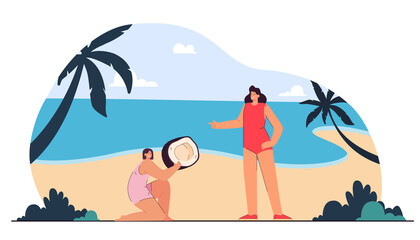 Cartoon daughter giving huge coconut to mother on beach. Woman and girl in swimsuits near ocean flat vector illustration. Family, vacation concept for banner, website design or landing web page