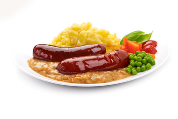 Bangers and mash, traditional british cuisine, isolated on white background.