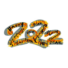 Obraz premium Cartoon 2022 tiger happy new year lettering for decorative design. Modern background. New year banner. Animal pattern. Funny character. Traditional holiday lunar new year.
