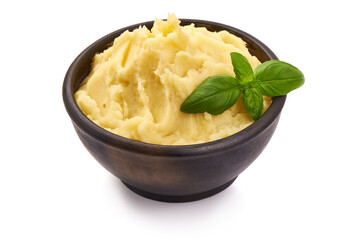 Mashed potato in bowl, isolated on white background.