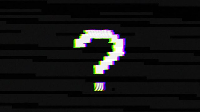 Question mark sign retro vintage pixel art glitch animation with interference on black background.