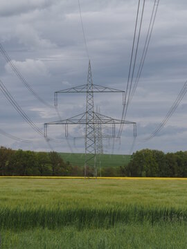 Hochspannungsleitungen f&uuml;hren &uuml;ber Felder und durch Baumschneisen