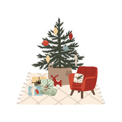 Christmas cozy armchair with gift boxes and Christmas tree. Winter holiday new year season card. Vector illustration in hand drawn cartoon flat style