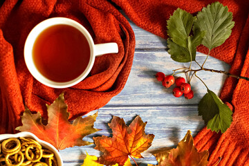 Autumn composition, a cup of hot tea, a warm terracotta scarf, fallen leaves, hawthorn berries and drying on the background of a blue wooden table. Flat lay