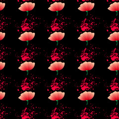 Vector seamless pattern with red flowers on a black background. Use in fabric, wrapping paper, wallpaper, bags, clothes, dishes, cases on smartphones and tablets.