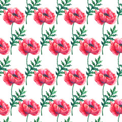 Fototapeta premium Seamless pattern with red poppy flowers. Watercolor papaver. Green stems and leaves. Hand drawn botanical illustration. On white. Texture for print, fabric, textile, wallpaper.