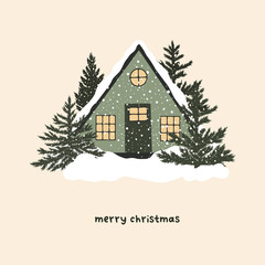 Christmas snowy house outside interior with winter landscape and fir trees. Vector illustration in hand drawn cartoon flat style - 457180482