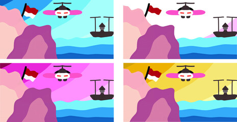 Indonesian flag, boat and aircraft with 4 different sky color