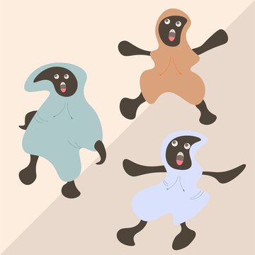ilustraci&oacute;n de personajes con capucha y buzos muy grandes en colores anaranjados, celestes y verdes con diferentes expresiones y movimientos corporales