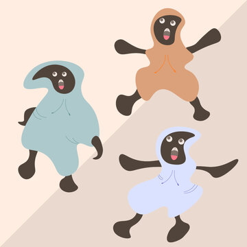 ilustraci&oacute;n vectorial editable de personajes con capucha y buzos muy grandes en colores anaranjados, celestes y verdes con diferentes expresiones y movimientos corporales