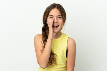 Fototapeta premium Little caucasian girl isolated on white background shouting with mouth wide open