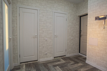 Spacious modern hallway in a residential building against the background of wooden doors
