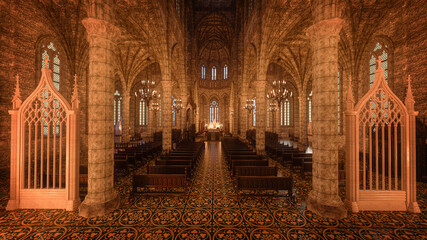 3D rendering view along the aisle towards the alter of a large old medieval cathedral. - obrazy, fototapety, plakaty