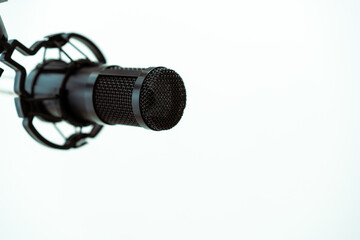 Professional condenser microphone on a microphone holder close up with copyspace. 