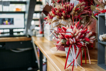 Natural Dried Lagurus Ovatus Flowers, Bouquet with color Rabbit Tail Dried Pampas Flowers in flower florist shop, boutique. Decoration for Home and Wedding Decor Floral Arrangements