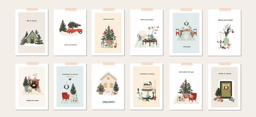 Set of christmas new year winter holiday greeting cards with xmas decoration. Vector illustration posters in hand drawn cartoon flat style - 457181668