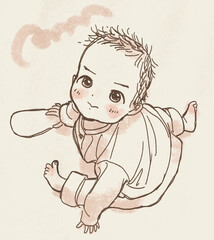 倒れないように足を前と後ろに持ってきている赤ちゃん