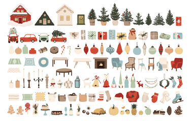 Set of christmas new year winter icons xmas tree, houses, red cars, gifts, balls, home interior elements - tables, chairs, food, carpet and vases. Vector illustration in hand drawn flat style