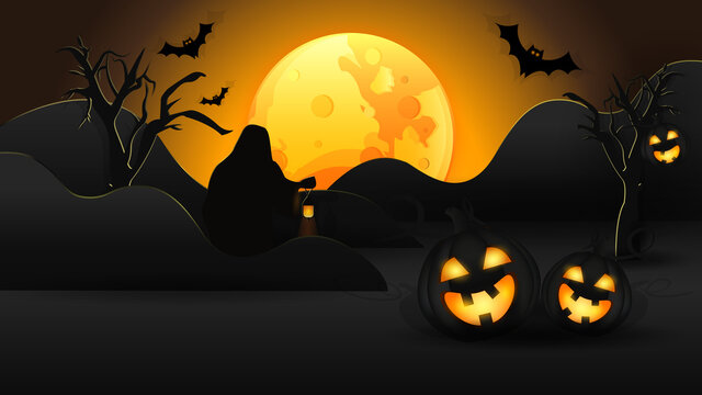 An illustration for the Halloween holiday with the image of the moon glowing with orange light, pumpkins, a black silhouette of an old man holding a lantern, black silhouettes of bats, trees and hills