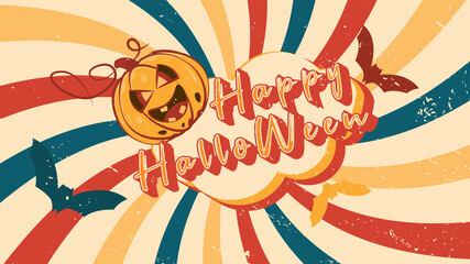 Fototapeta premium Vector postcard for the Halloween holiday in retro style with the image of a comic pumpkin, bats and festive text on a vintage background.