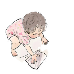 ウェットティッシュで床をふく幼児