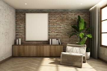 Livingroom style cozy,Rattan armchair, Tropical tree,White frame mock up on brick wall,Wood cabinet,Concrete wall,Wood floors-3D render