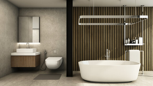 Bathroom interior design minimal loft,Wood slat,Concrete wall,Concrete floor - 3D render