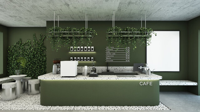 Cafe shop design Modern and Minimal,Green counter,Metal light pendant, Metal menu text on wall,Green colors seat,Floor concrete- 3D render