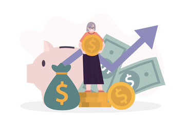 Grandmother with gold coin invest. Old lady investing and saving cash. Elderly woman save or hoard currency. Concept of investment