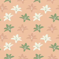 Seamless pink background with white and green lilies