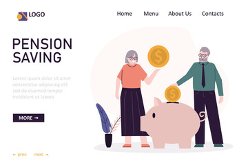 Old people throwing gold coins into piggy bank. Elderly couple invest money. Elderly family save or hoard. Concept of investment and finance management © Alina